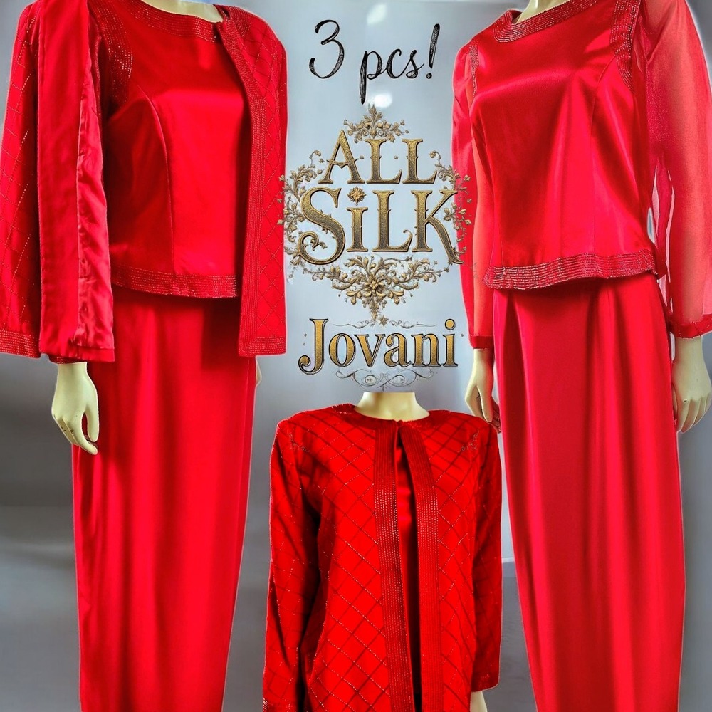 New Jovani All Silk Red Sz 12 Beaded Top, Jacket, Skirt Dress Set